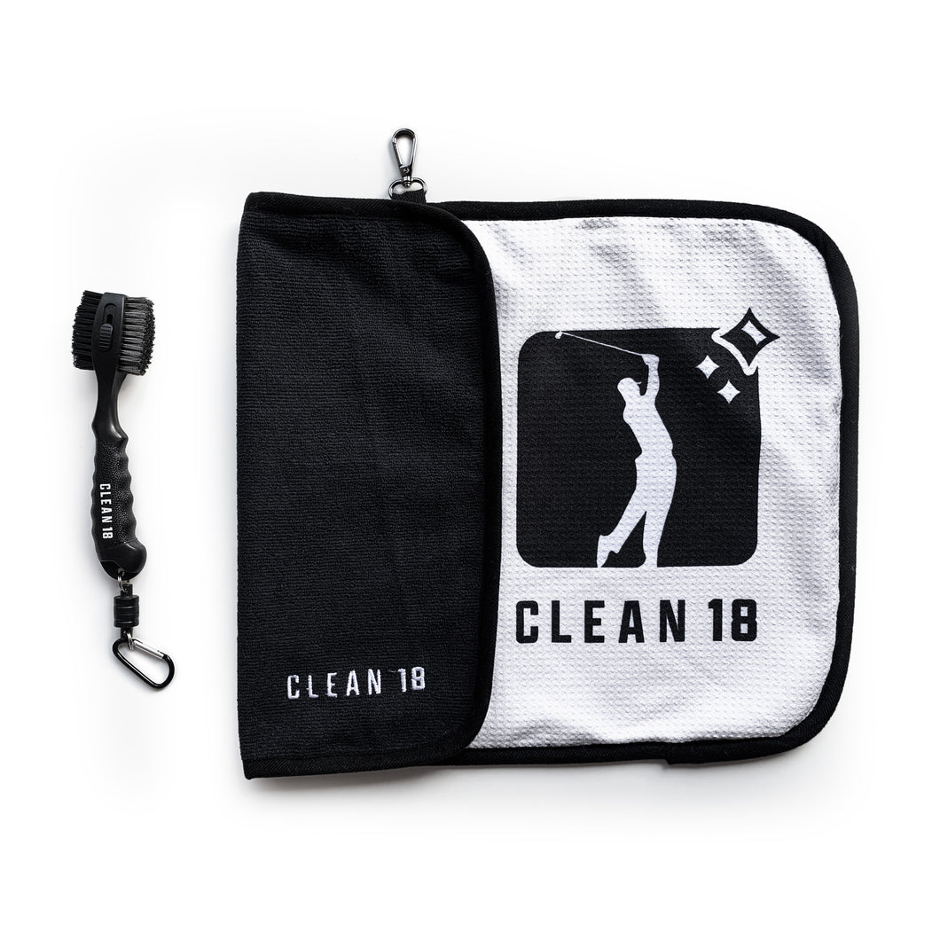 Clean 18 Golf Wet/Dry Towel & Magnetic Release Brush Combo - Black