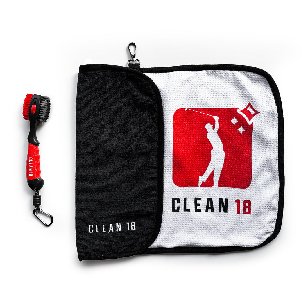 Clean 18 Golf Wet/Dry Towel & Magnetic Release Brush Combo - Red