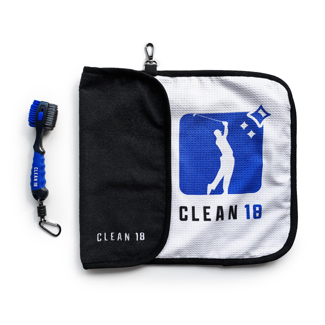 Clean 18 Golf Wet/Dry Towel & Magnetic Release Brush Combo - Blue